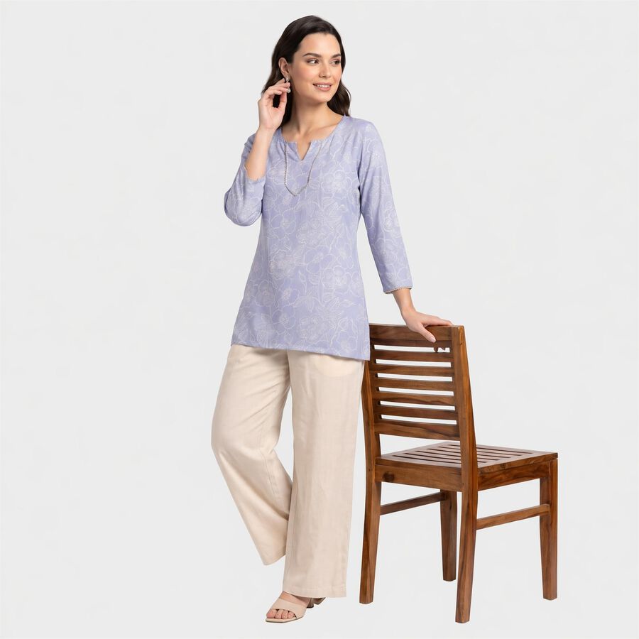 Women's Light Blue Notch Neck Floral Straight Kurti, Light Blue, large