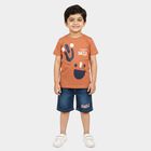 Boys' Brown 100% Cotton Crew Neck Graphic Print Baba Suit, भूरा, small