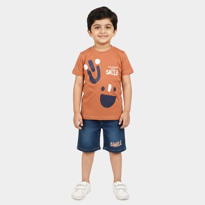 Boys' Brown 100% Cotton Crew Neck Graphic Print Baba Suit