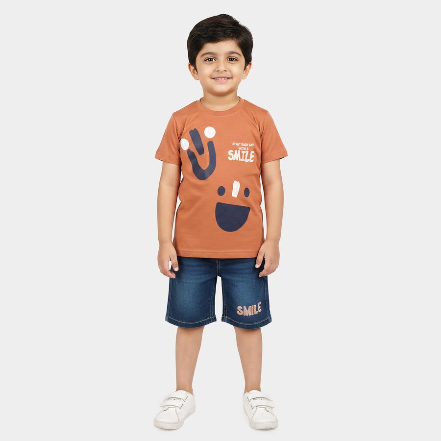 Boys' Brown 100% Cotton Crew Neck Graphic Print Baba Suit, भूरा, large
