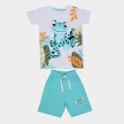 Boys' White Cotton Round Neck Cartoon Print Baba Suit, White, small