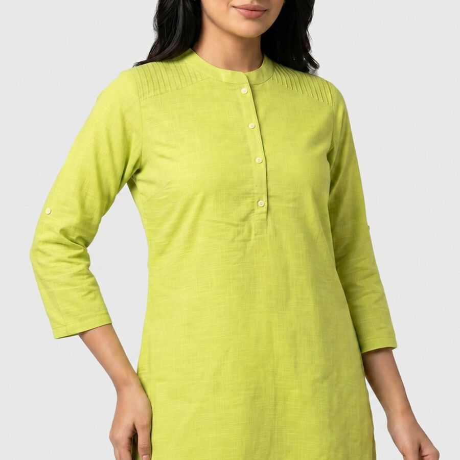 Women's Green Cotton Mandarin Collar Solid Straight Kurta, हल्का हरा, large