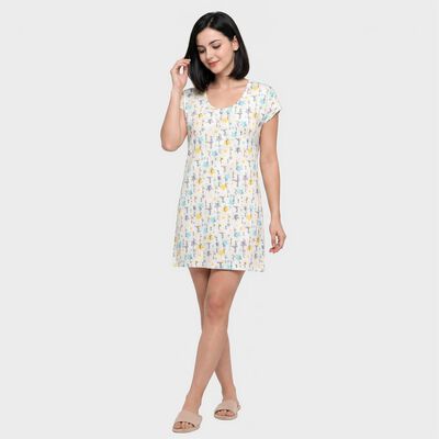 Women's White Round Neck A-Line Nighty