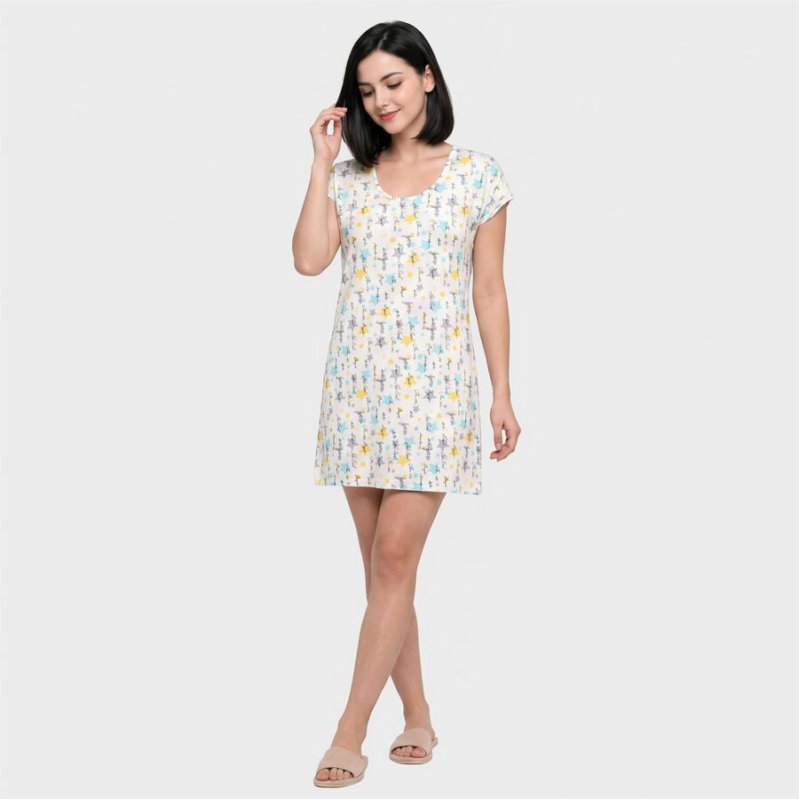 Women's White Round Neck A-Line Nighty, White, large