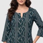 Women's Teal Notch Neck Ikat Printed Kurta, Teal Blue, small