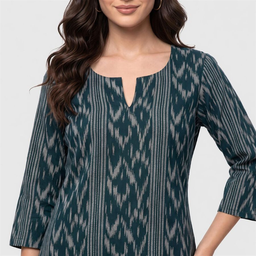 Women's Teal Notch Neck Ikat Printed Kurta, Teal Blue, large