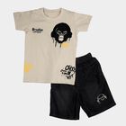 Boys Beige 100% Cotton Round Neck Graphic Printed Baba Suit, गहरा पीला, small