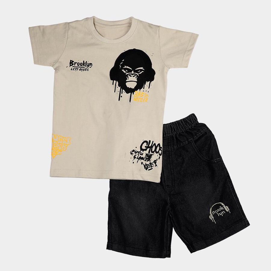 Boys Beige 100% Cotton Round Neck Graphic Printed Baba Suit, गहरा पीला, large