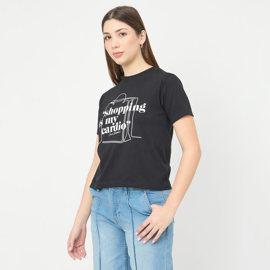 Women's Jet Black Cotton Round Neck Casual T-Shirt, Black, large