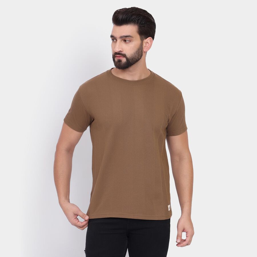 Men's Round Neck Half Sleeves T-Shirt, भूरा, large