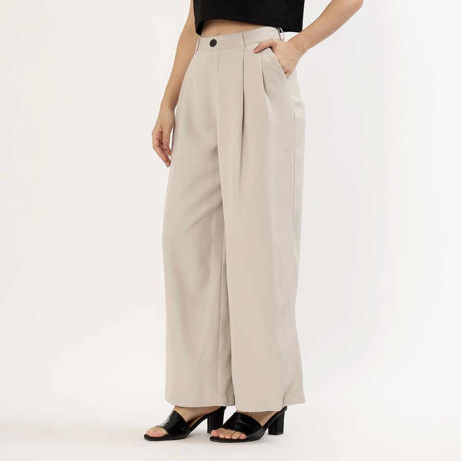 Women's Soft Beige Wide-Leg Pleated Trousers, Light Grey, large image number null