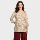Women's Cream Round Neck Floral Printed Straight Kurti, ऑफ व्हाइट, small