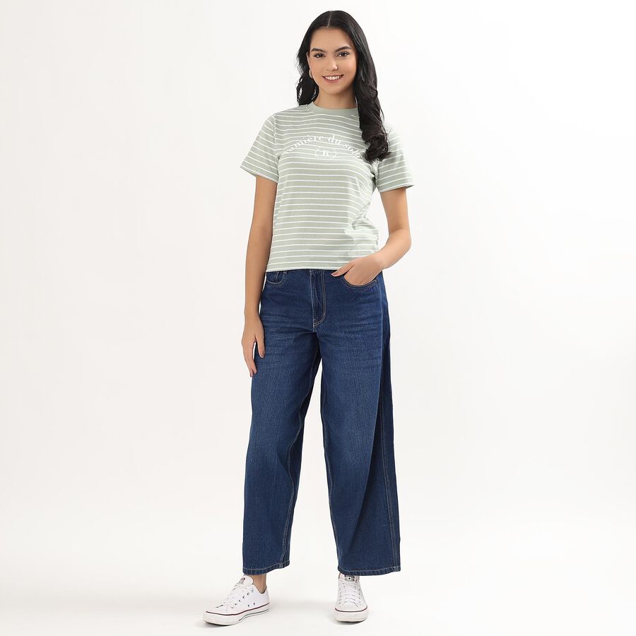 Women's Light Sage Green Round Neck Striped T-Shirt, Light Green, large image number null