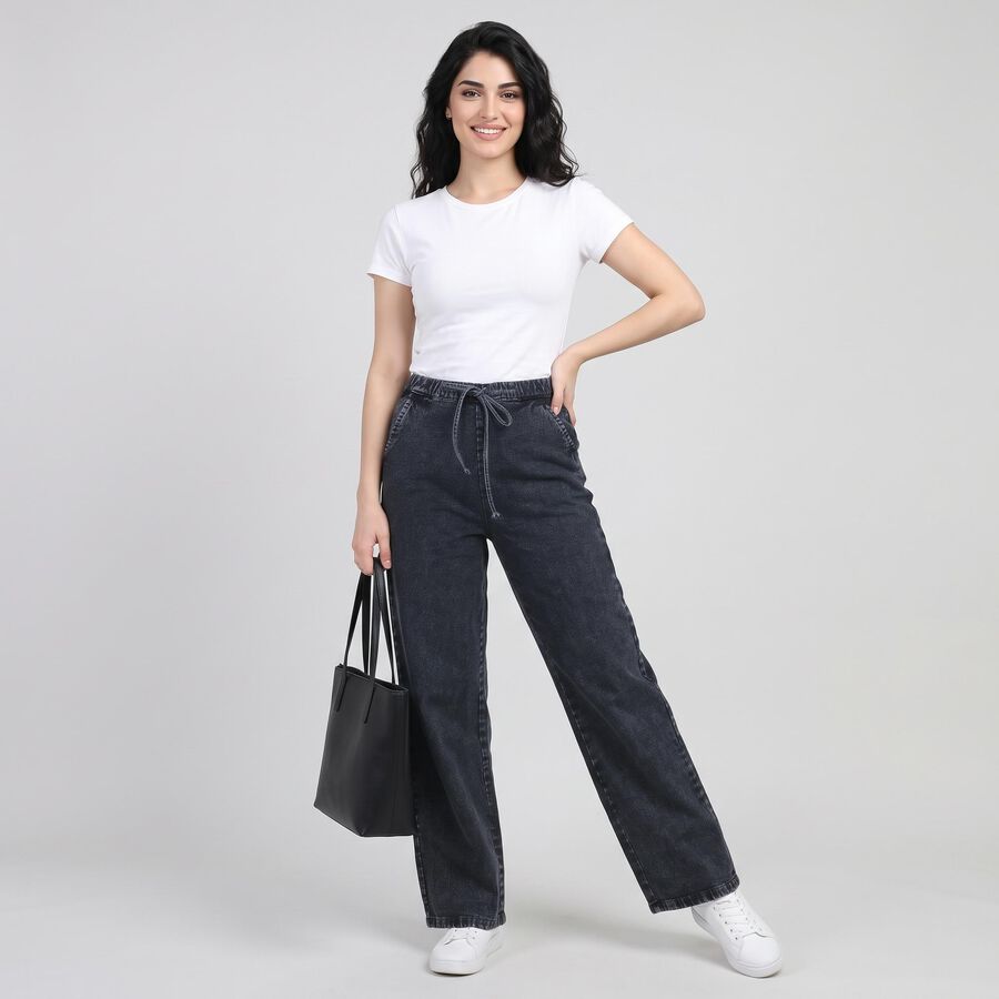 Women's Navy Blue Wide Leg Drawstring Jeans, Dark Blue, large