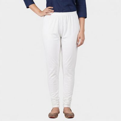 Women's White Cotton Blend Elastic Waist Slim Fit Churidar