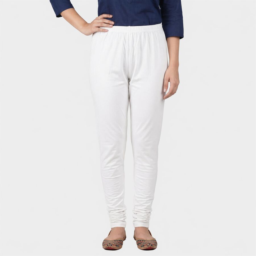 Women's White Cotton Blend Elastic Waist Slim Fit Churidar, White, large
