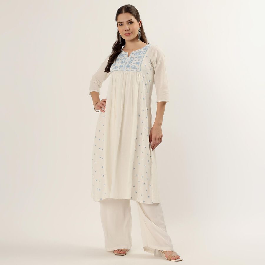 Women's White 100% Cotton Notch Neck Printed Kurta, Off White, large