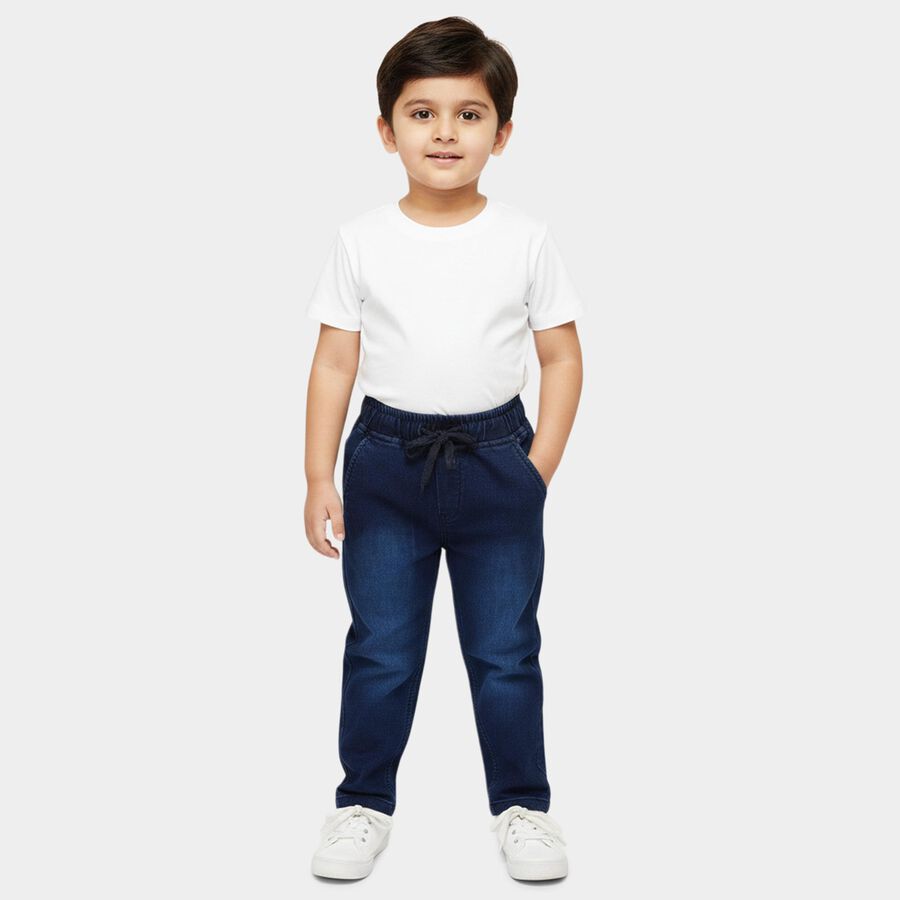 Boys' Navy Blue Regular Fit Drawstring Jeans, Mid Blue, large