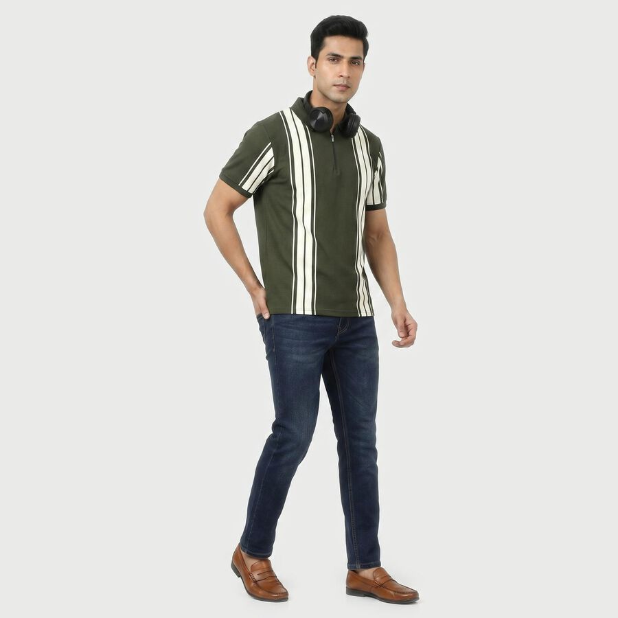 Men Olive Green Polo Neck Striped Polo T-Shirt, Olive, large