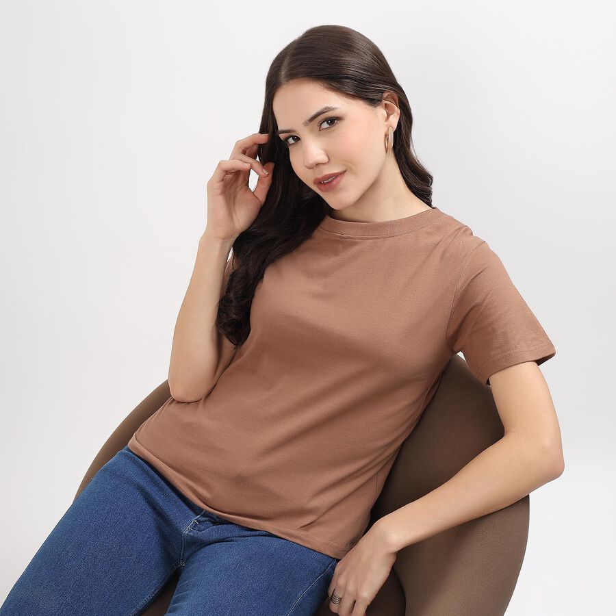Women's Muted Brown Cotton Round Neck Casual T-Shirt, Brown, large