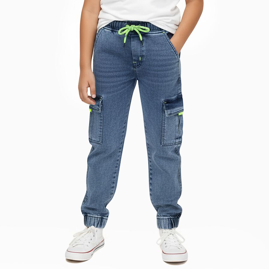 Boys' Stonewashed Blue Cargo Jogger Jeans, Mid Blue, large image number null