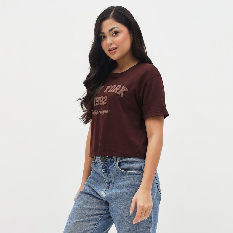 Women's Deep Brown Cotton Round Neck Casual T-Shirt, भूरा, large