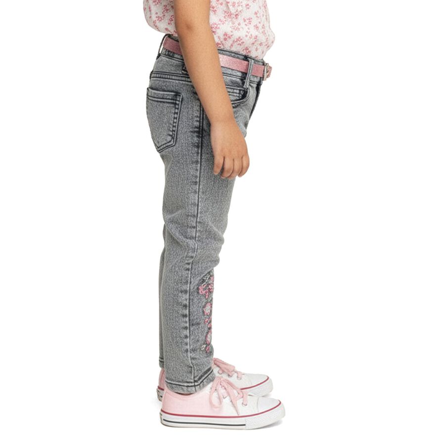 Girls Light Washed Grey Slim Fit Embroidered Jeans, हल्का ग्रे, large image number null