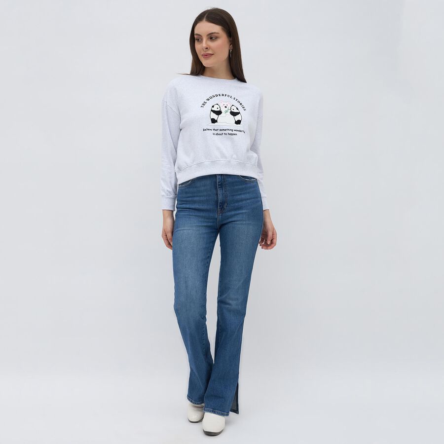 Women's Light Grey Crew Neck Casual Sweatshirt, Melange Light Grey, large image number null