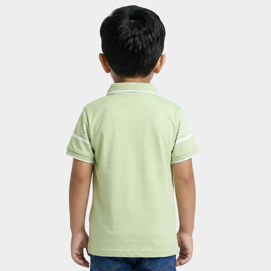 Boys Green Cotton Polo Neck Striped T-Shirt, Light Green, large