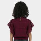 Girls' Wine Red Round Neck Ruffle Sleeve Floral T-Shirt, Wine, small