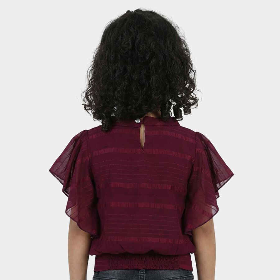 Girls' Wine Red Round Neck Ruffle Sleeve Floral T-Shirt, Wine, large