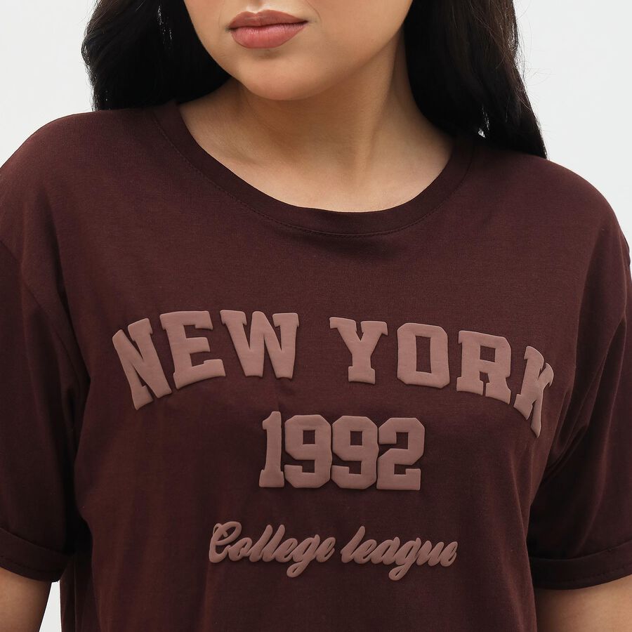 Women's Deep Brown Cotton Round Neck Casual T-Shirt, भूरा, large