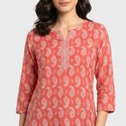 Women's Pink Round Neck Printed Straight Kurti, Pink, small