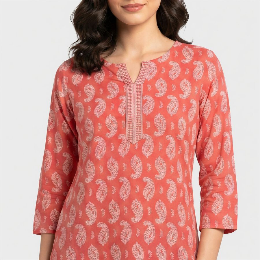 Women's Pink Round Neck Printed Straight Kurti, Pink, large