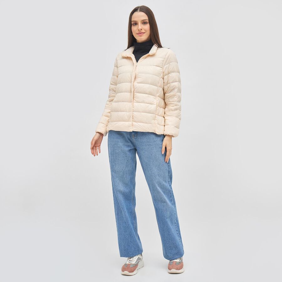 Women's Beige High Neck Casual Puffer Jacket, ऑफ व्हाइट, large image number null