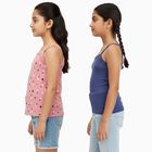 Girls' Pink Printed and Blue Solid Cotton Sleeveless Vest Set, Dark Blue, small image number null