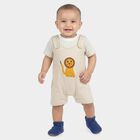 Infants' Beige Cotton Round Neck Lion Embroidered Baba Suit, Beige, small