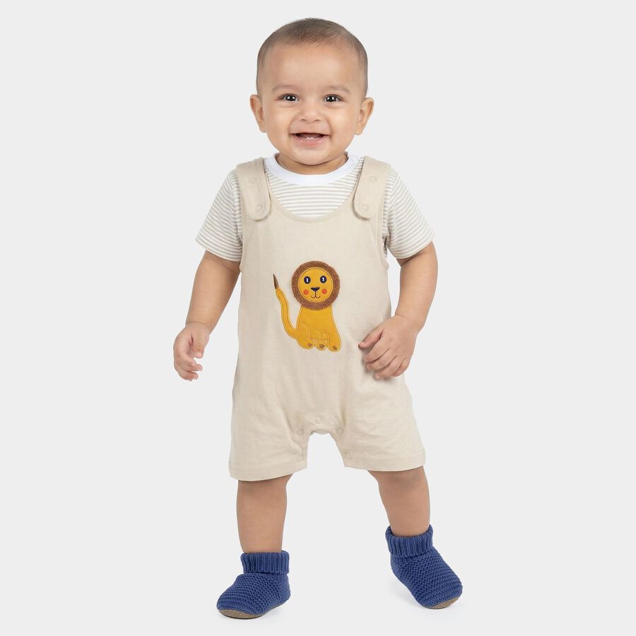 Infants' Beige Cotton Round Neck Lion Embroidered Baba Suit, Beige, large