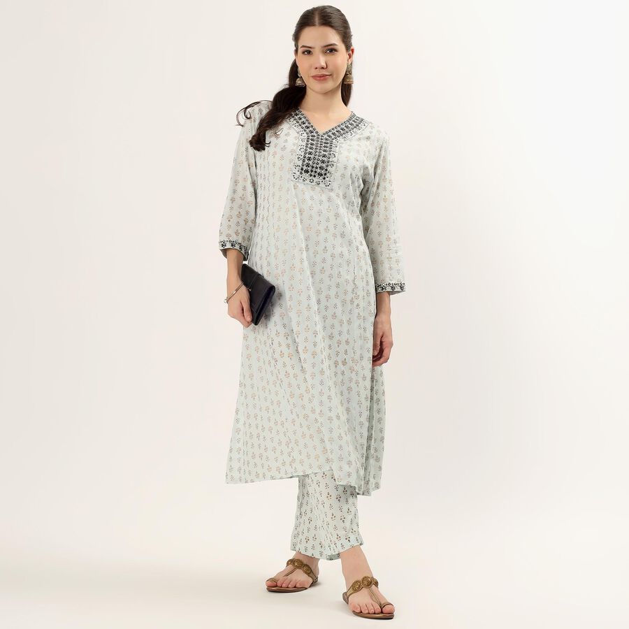 Women's Light Blue Floral Printed Ethnic Set, हल्का नीला, large