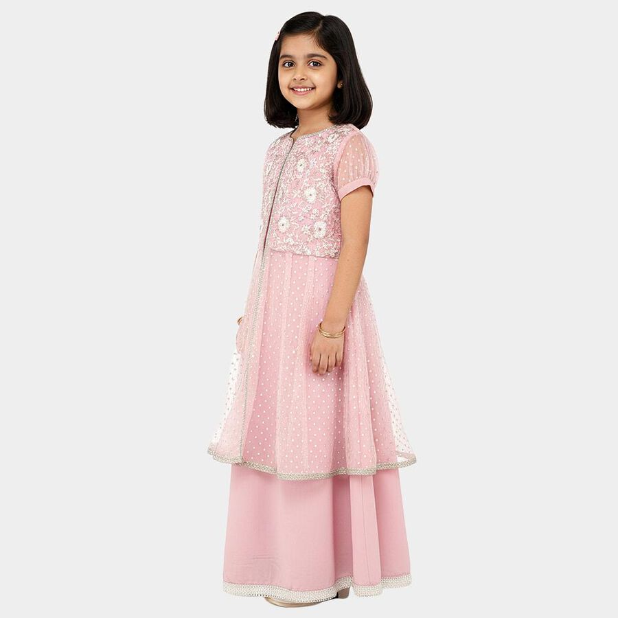 Girls' Soft Pink Embroidered Top and Skirt Fusion Set with Dupatta, Light Pink, large image number null
