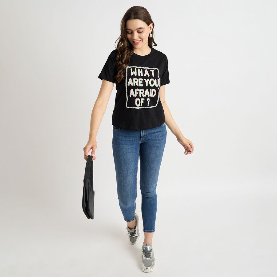 Ladies' 100% Cotton Round Neck T-Shirt, Black, large image number null