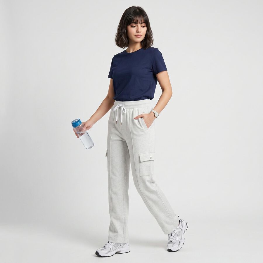 Women's Ecru Melange Straight Fit Cargo Track Pants, Ecru Melange, large