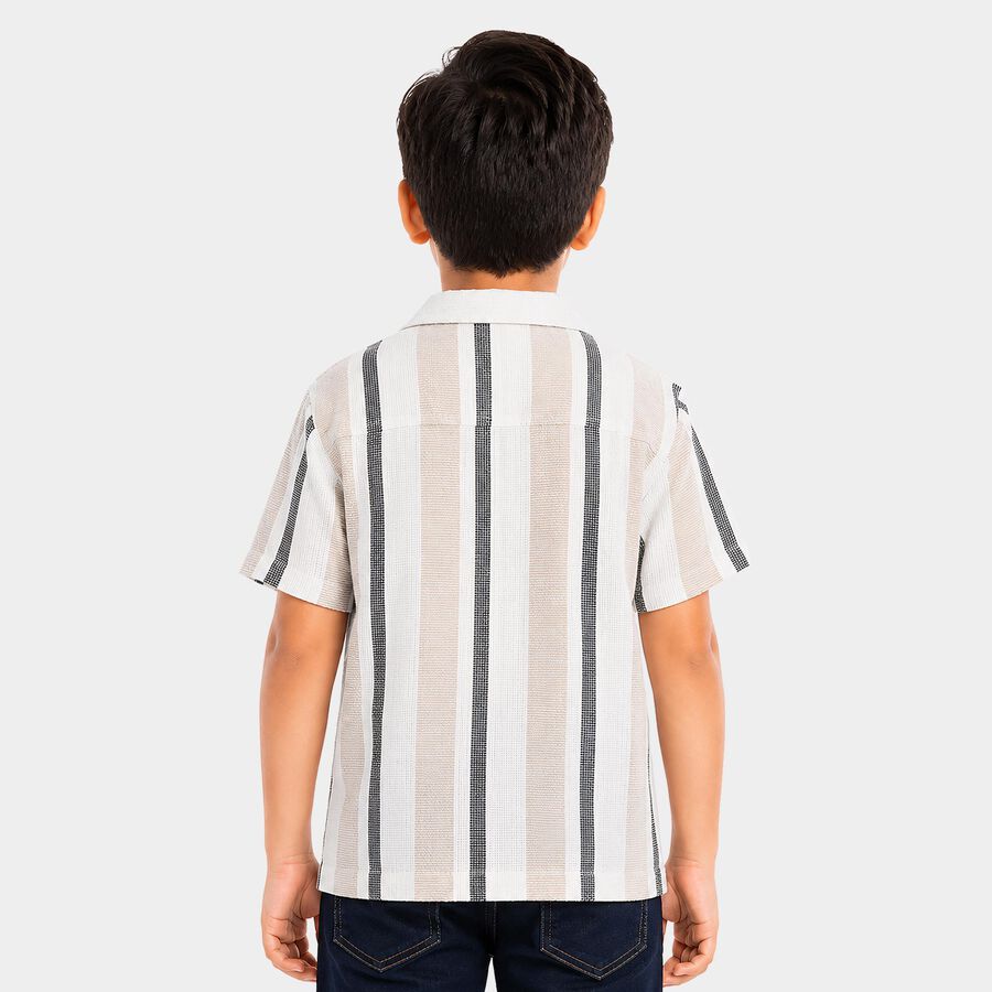 Boys' Beige Striped Camp Collar Shirt, Beige, large
