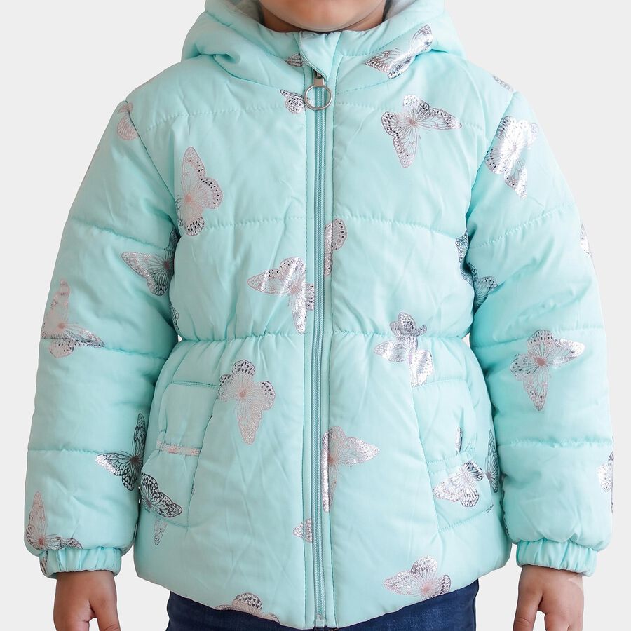 Girls' Aqua Hooded Puffer Jacket, Aqua, large