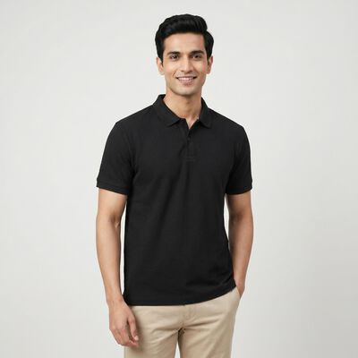Men's Black Collared Neck Casual T-Shirt