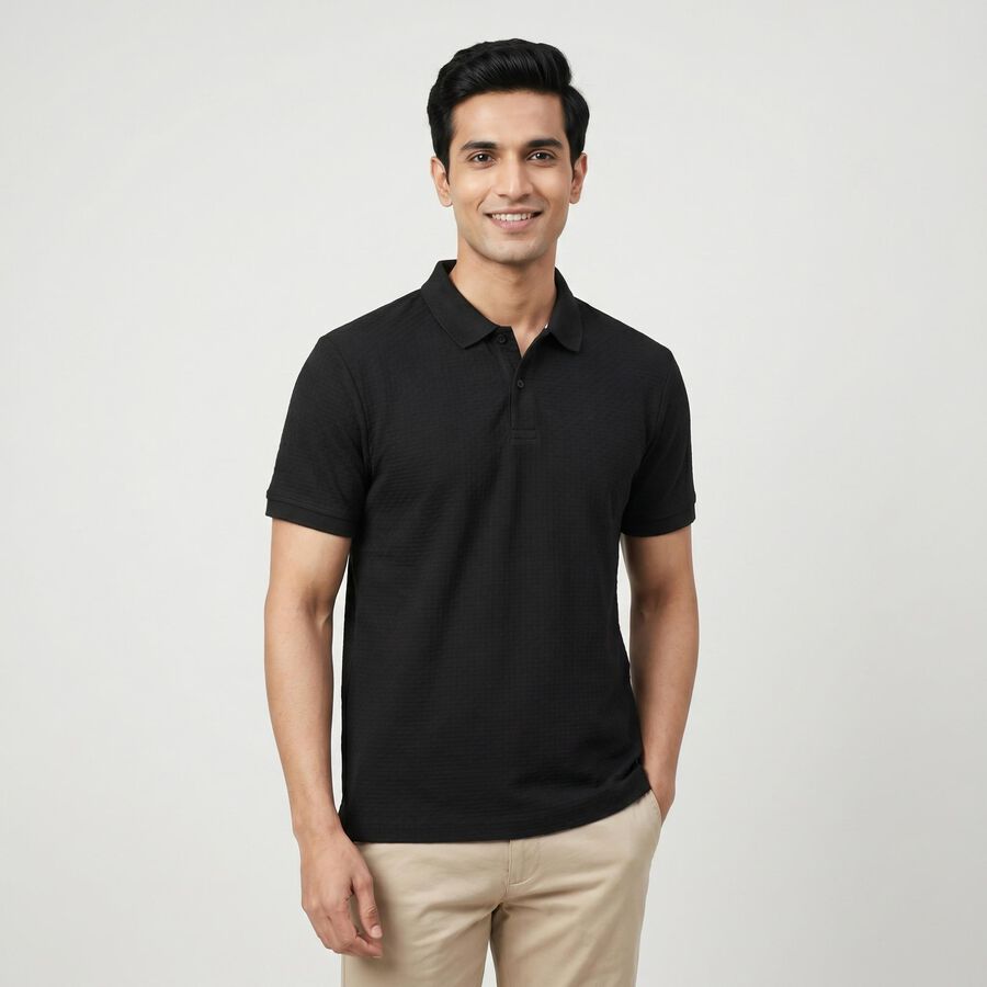 Men's Black Collared Neck Casual T-Shirt, Black, large