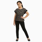 Girls' Jet Black Round Neck Casual Floral Printed T-Shirt, काला, small image number null