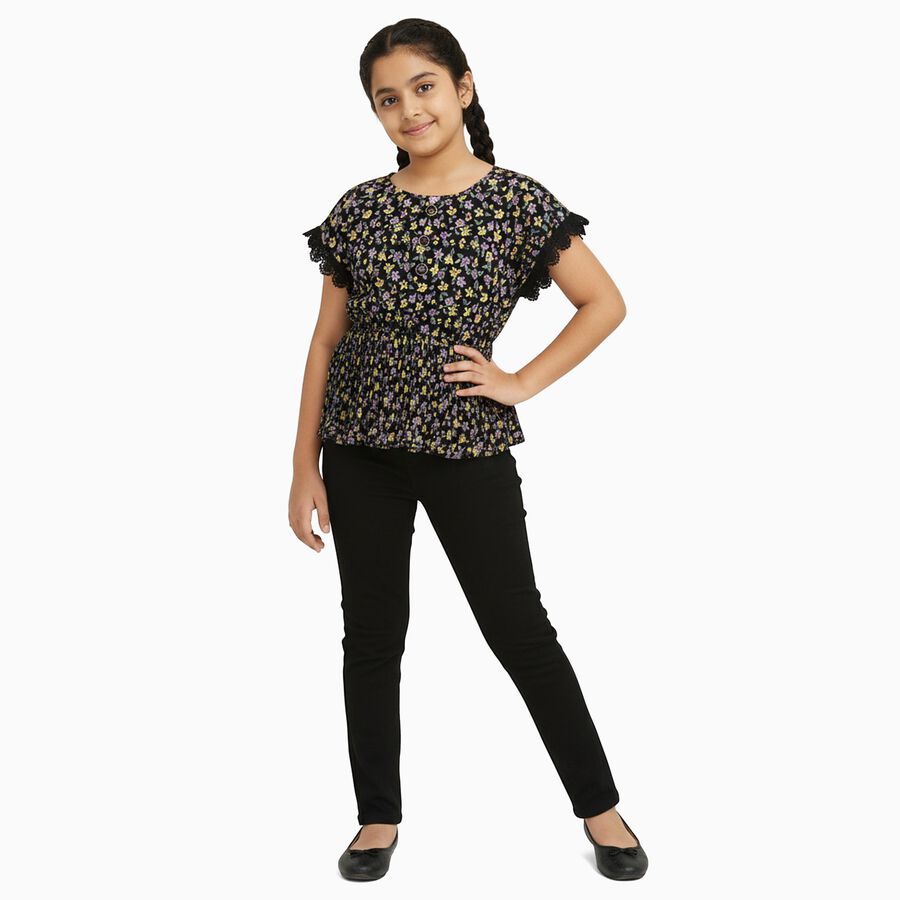 Girls' Jet Black Round Neck Casual Floral Printed T-Shirt, काला, large image number null