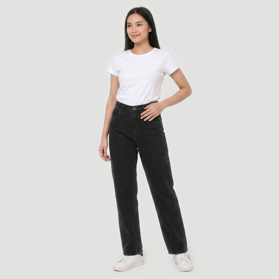 Women's Black Straight Fit Washed Jeans, काला, large