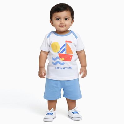 Infants' White Cotton Raglan Neck Boat Print Baba Suit